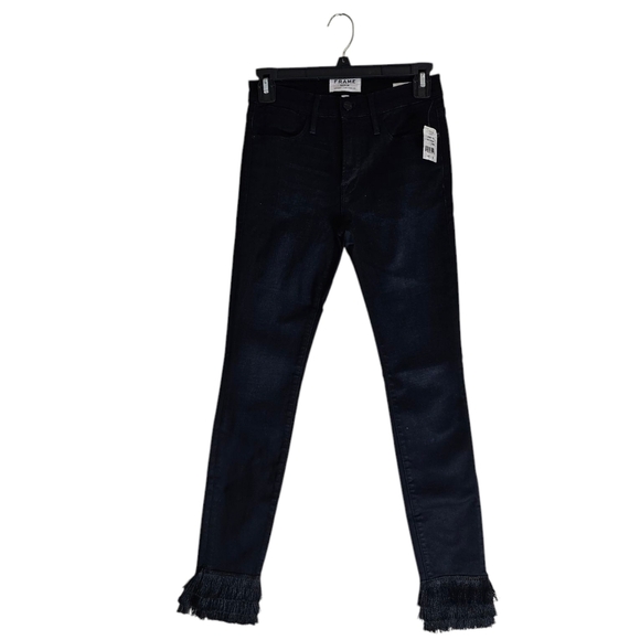 Frame Denim Highrise Skinny Dark Blue Fringe Jeans 25 NWT - Picture 1 of 9